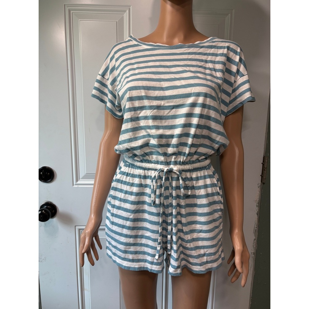 Loft Beach Blue White Striped Short Sleeve Romper Keyhole Back Kids Small